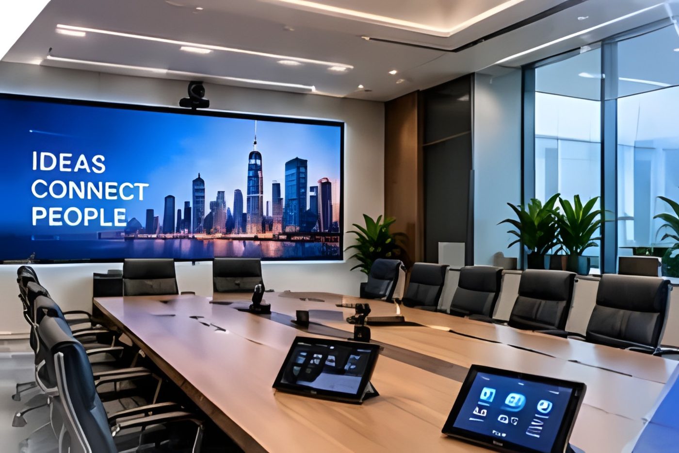 Executive boardroom with video conferencing display