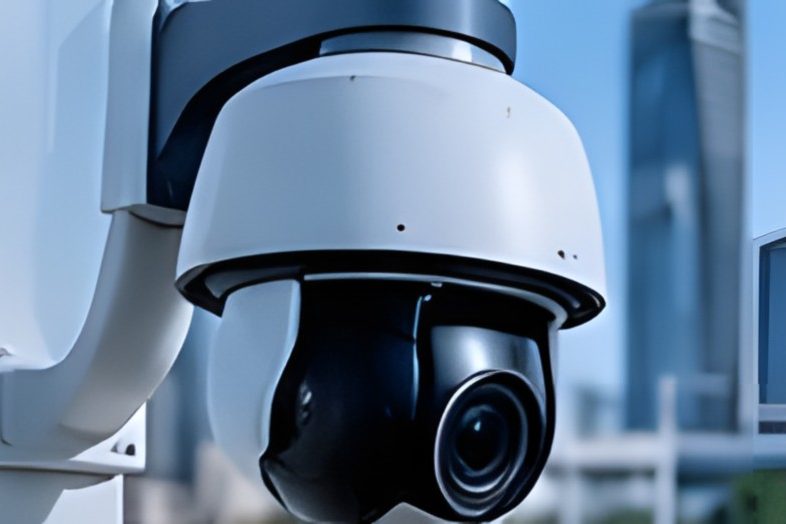 PTZ security camera overlooking a city skyline