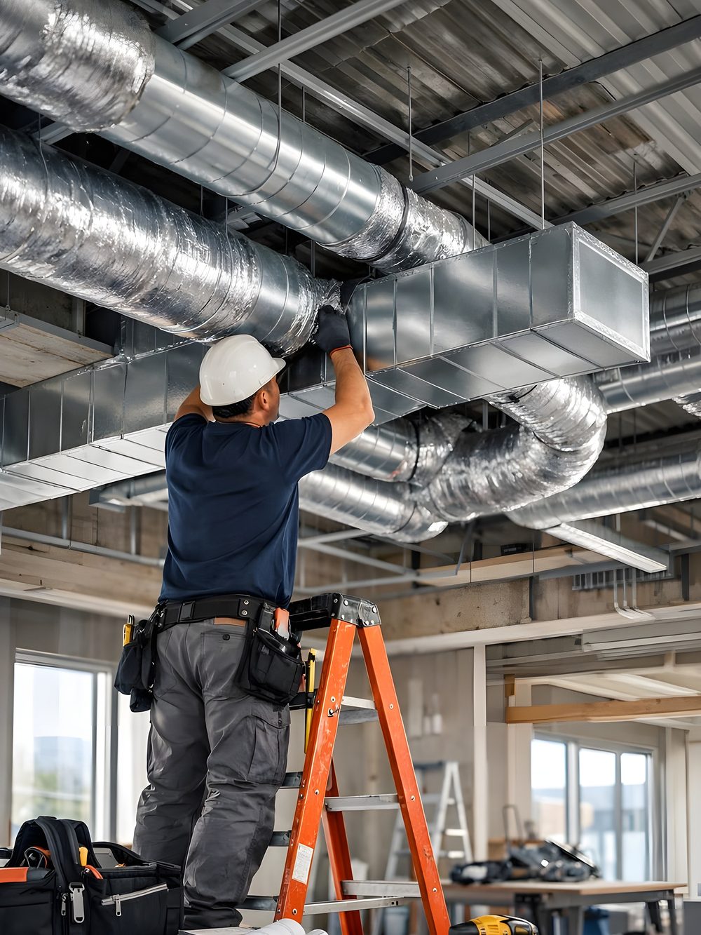 Technician installing HVAC ductwork