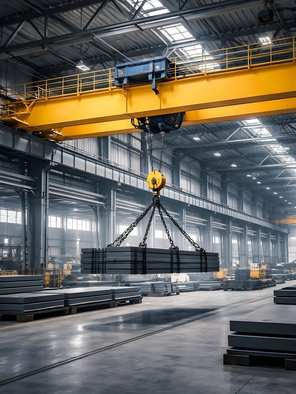 Warehouse with overhead crane and storage