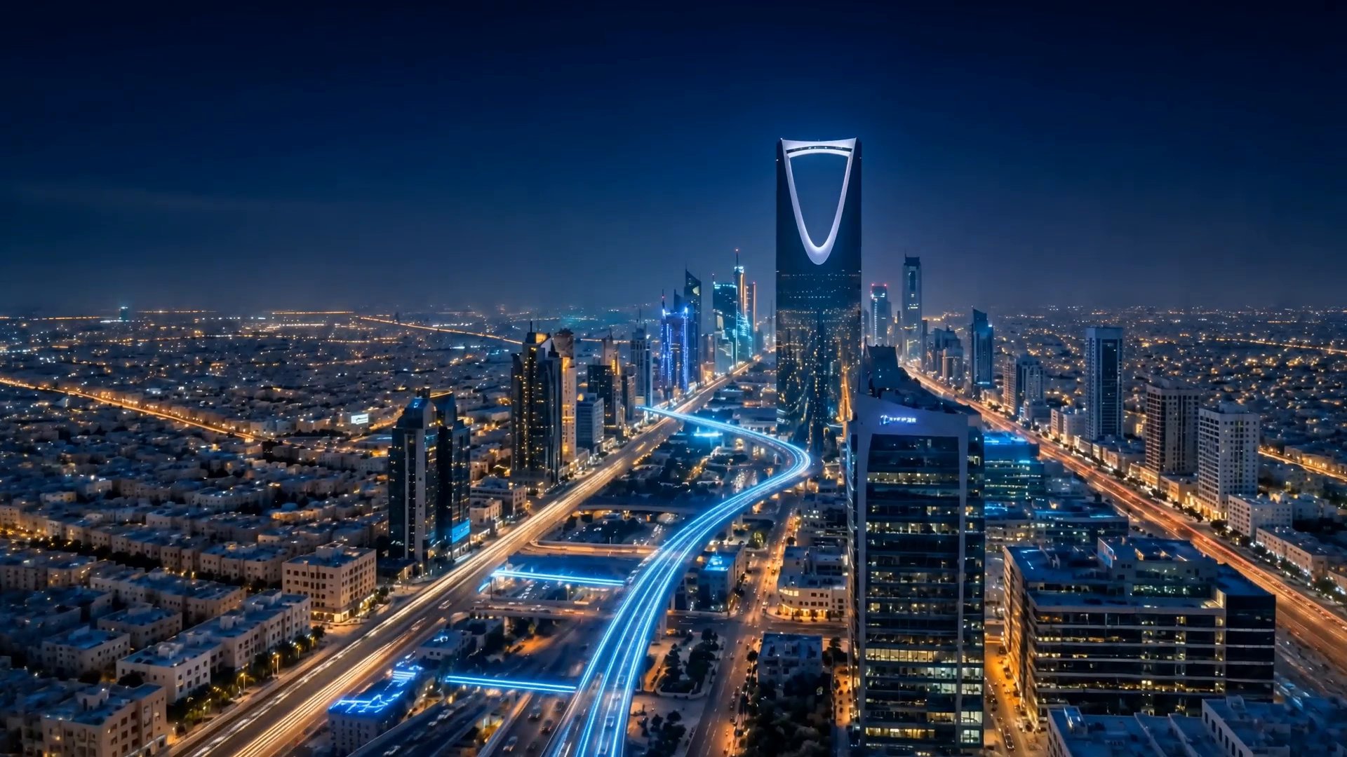 Riyadh skyline at dusk — opening frame of the iNet Solution corporate video